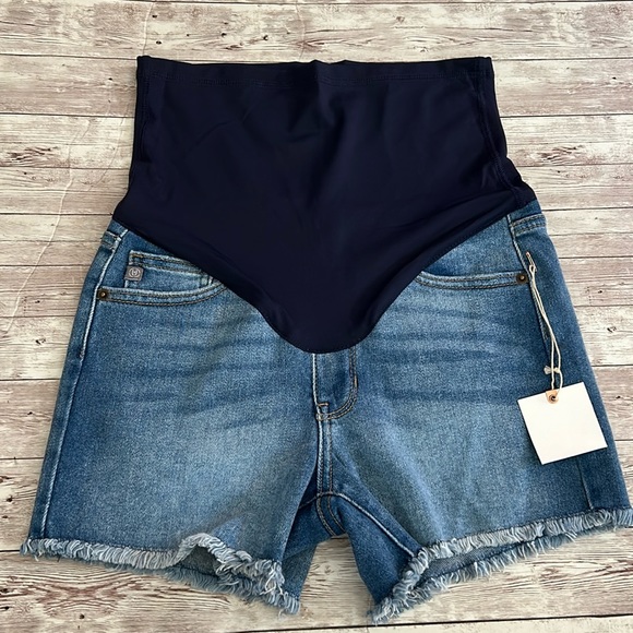 Pinkblush Medium Wash Fringe Hem Maternity Full Panel Denim Shorts - Picture 3 of 9